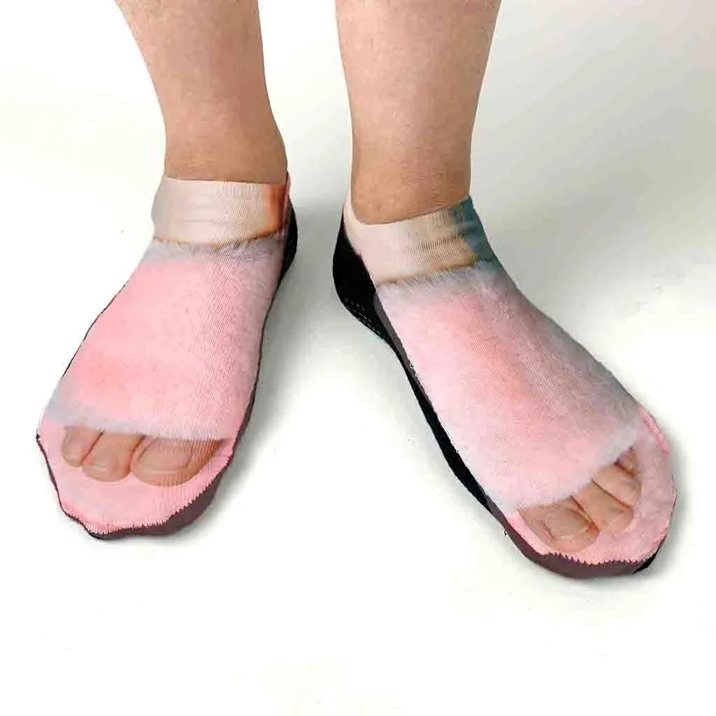 Pink Furry Slippers Printed on No Show Socks for Her