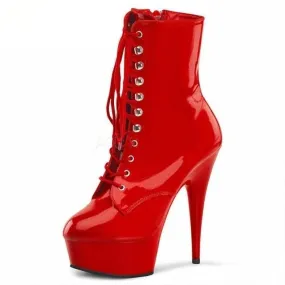 Red Color High Thin Heels Round Toe Lace Up Bride's Wedding Formal Boots