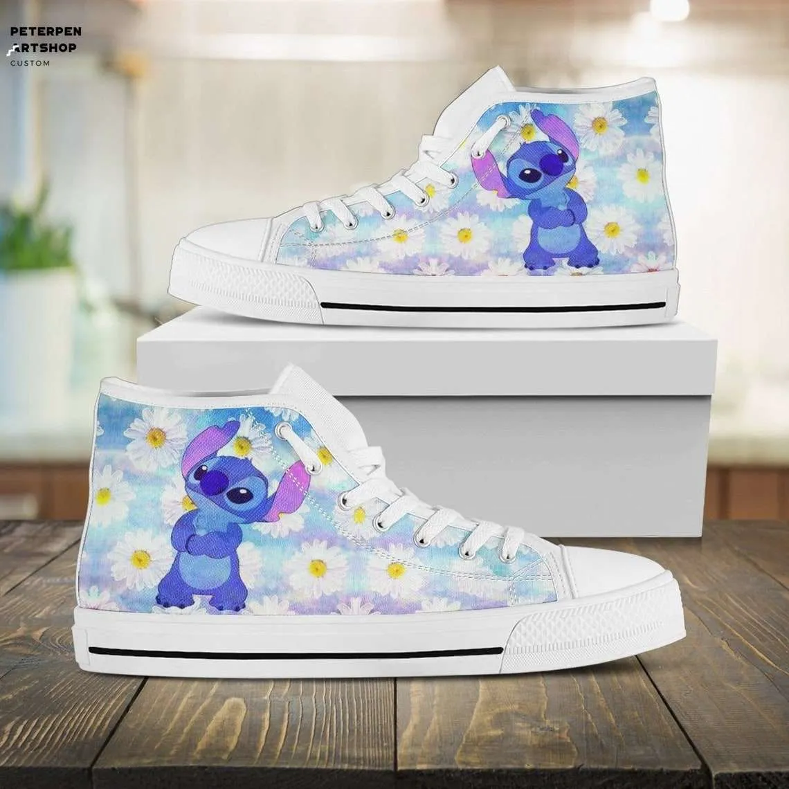 Stitch Cartoon Movie and Daisy Flower Sneakers Canvas High Top Shoes