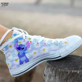 Stitch Cartoon Movie and Daisy Flower Sneakers Canvas High Top Shoes