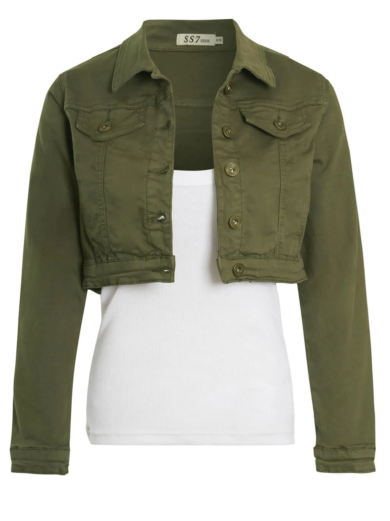 Stretch Fitted Cropped Denim Jacket, Khaki, UK Sizes 6 to 16