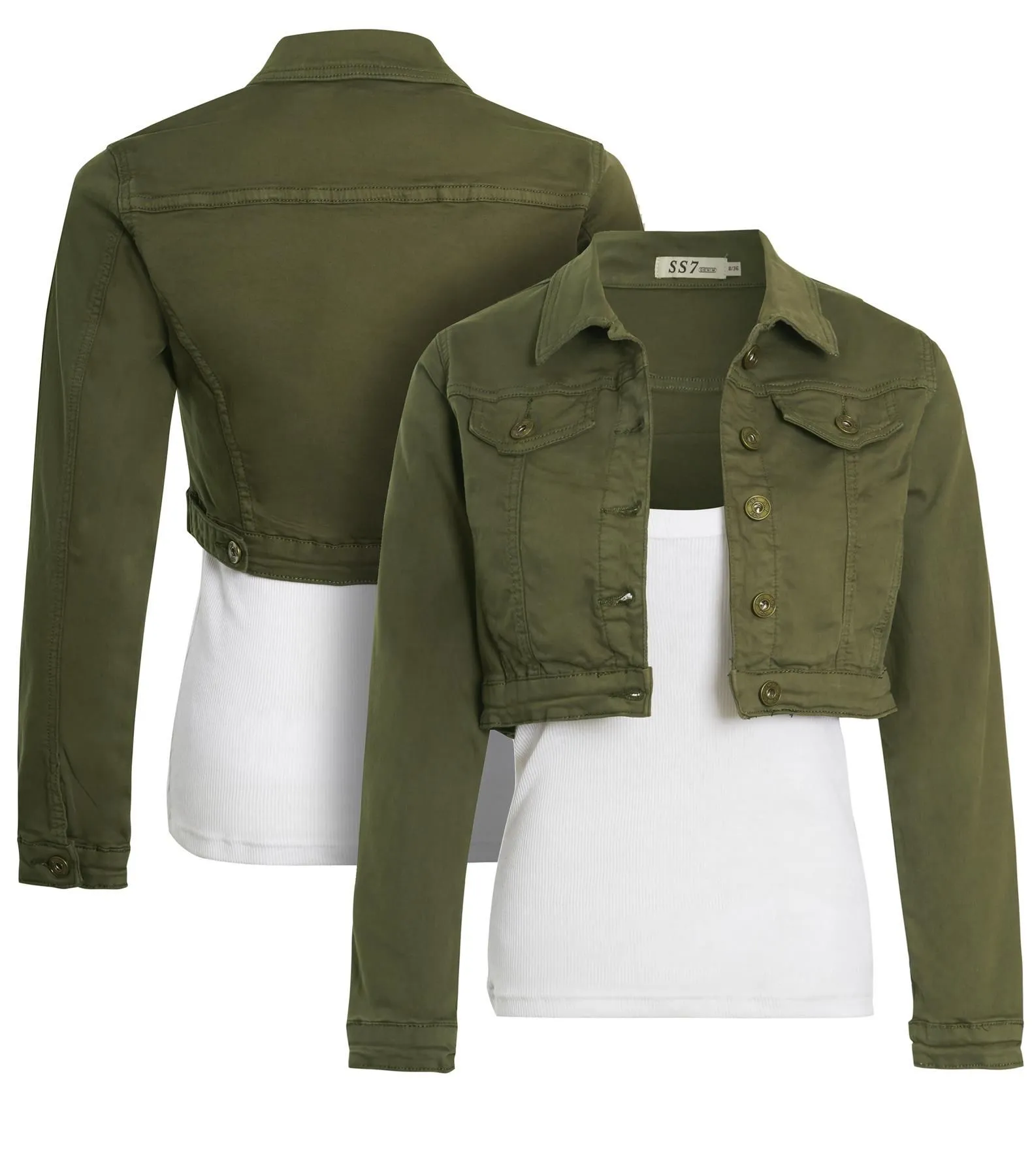 Stretch Fitted Cropped Denim Jacket, Khaki, UK Sizes 6 to 16