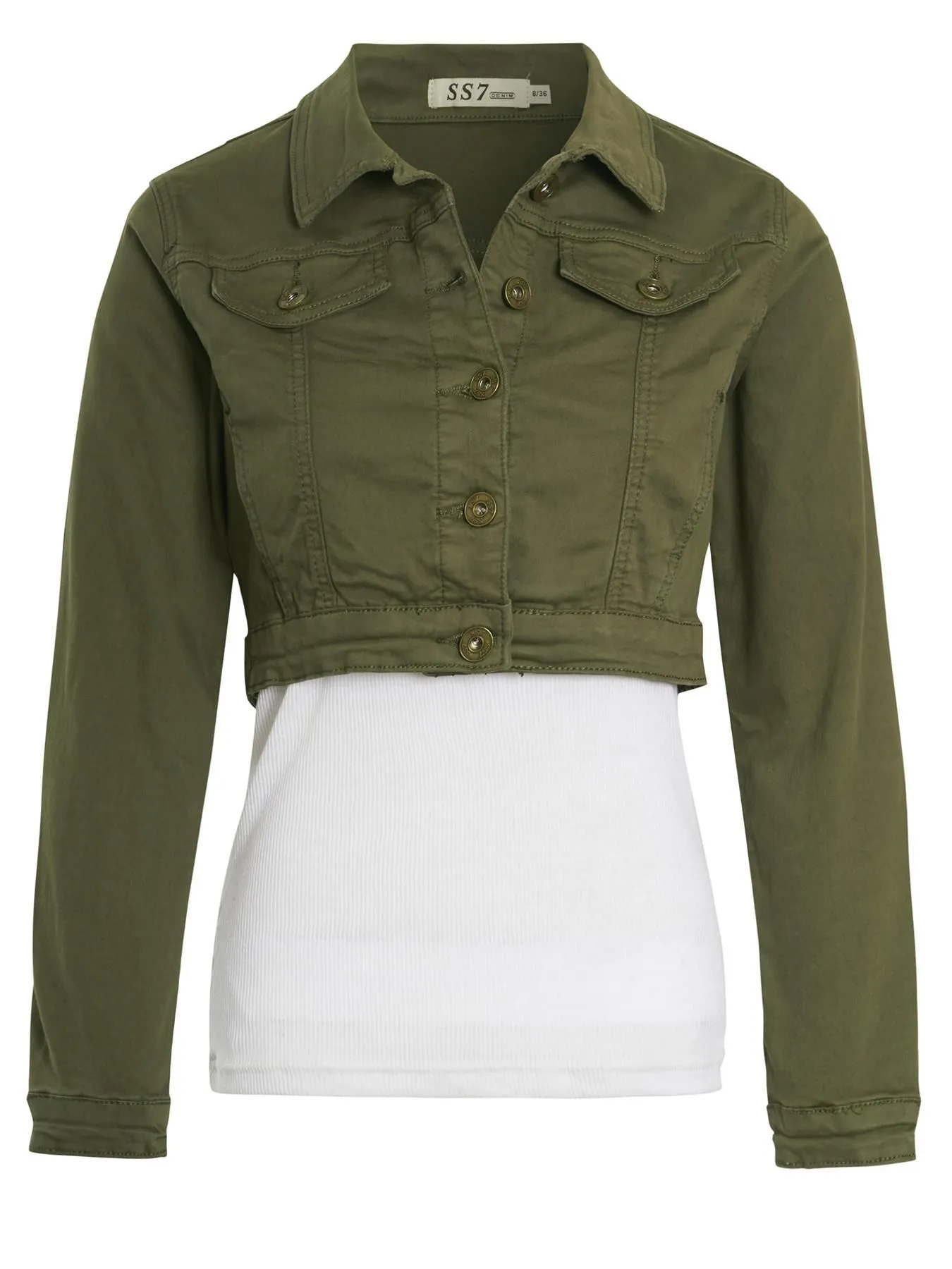 Stretch Fitted Cropped Denim Jacket, Khaki, UK Sizes 6 to 16