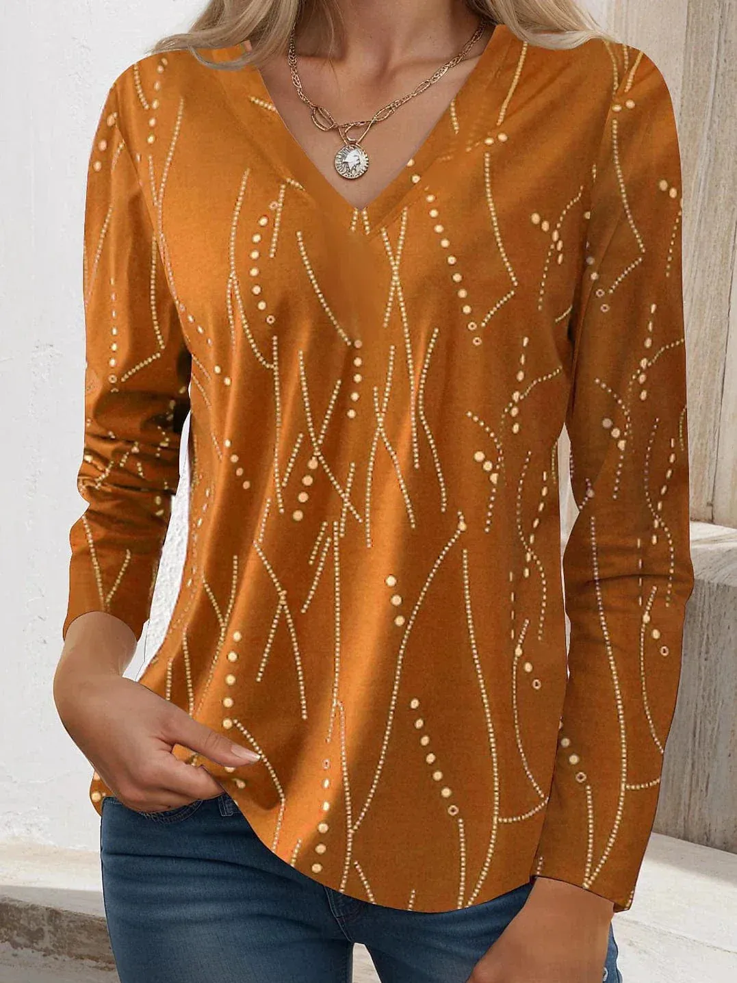 Striped Print Long Sleeve V-Neck T-Shirt for Women