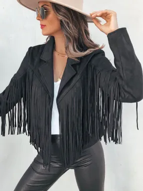 Suede Jacket Black Turndown Collar Fringe Lapel High Waist Solid Color Oversized Relaxed Fit Spring Fall Street Outerwear For Wo