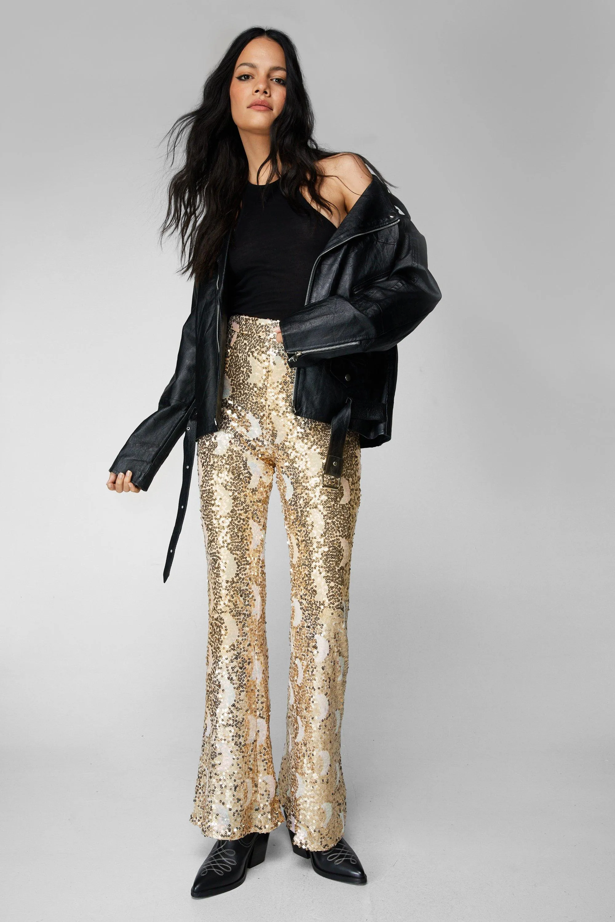 Trousers | Metallic Moon Sequin Flare Trousers | NastyGal