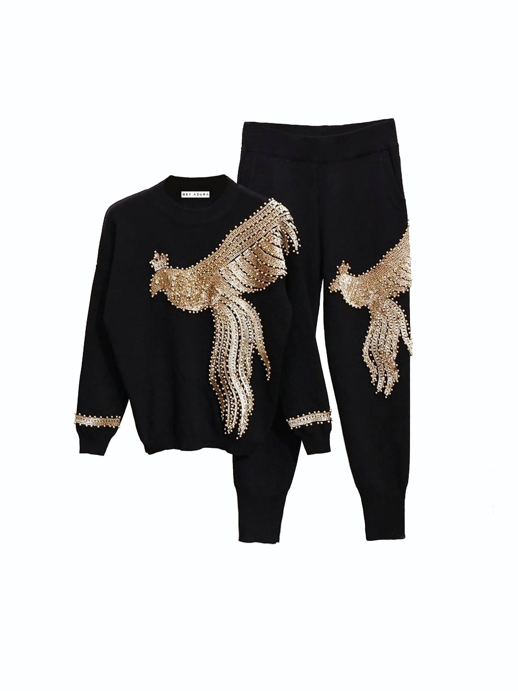 Two Piece Loungewear With Bird Gold Beadings