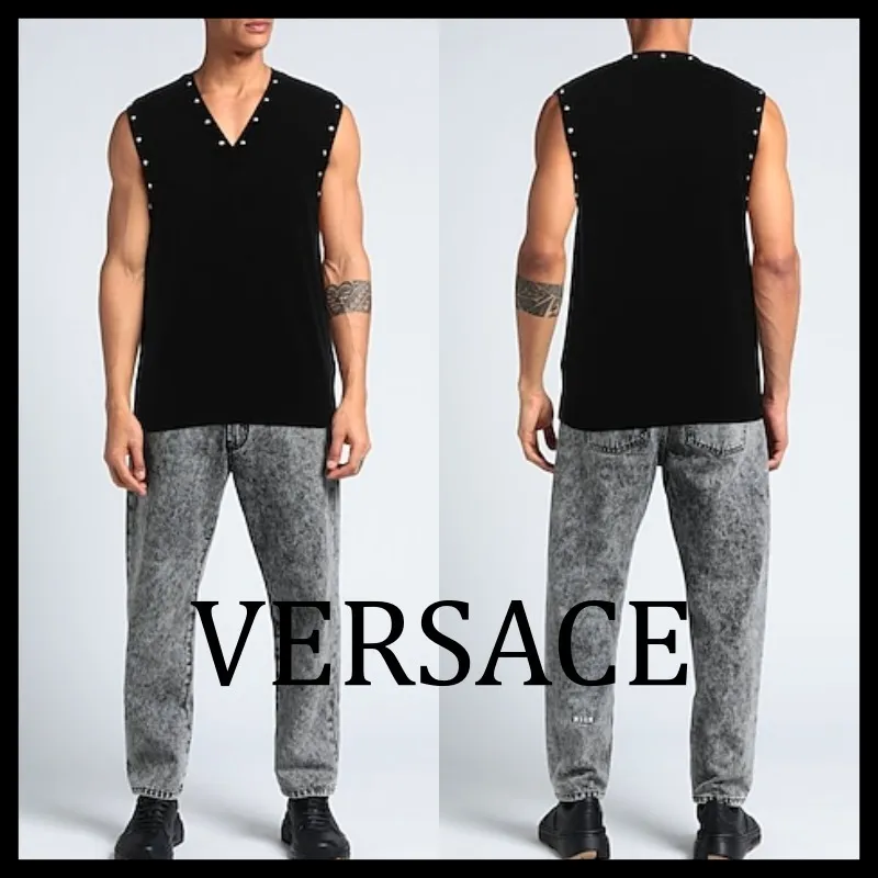 VERSACE  |Unisex Wool Cashmere Street Style Plain Logo Luxury