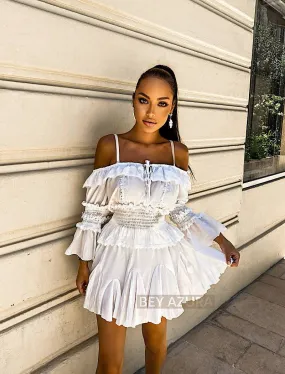 White Two Piece Frill Top and Shorts Set