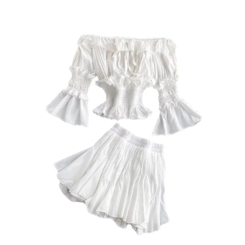 White Two Piece Frill Top and Shorts Set