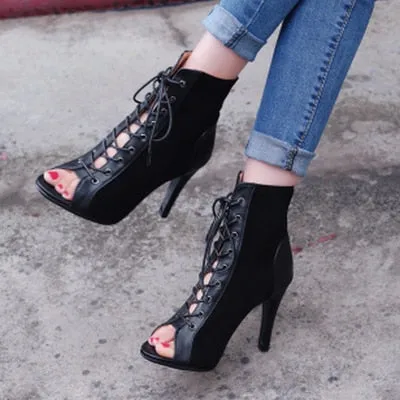 Women's Sexy Black Peep Toe Zipper Indoor Dancing High Heel Ankle Boots