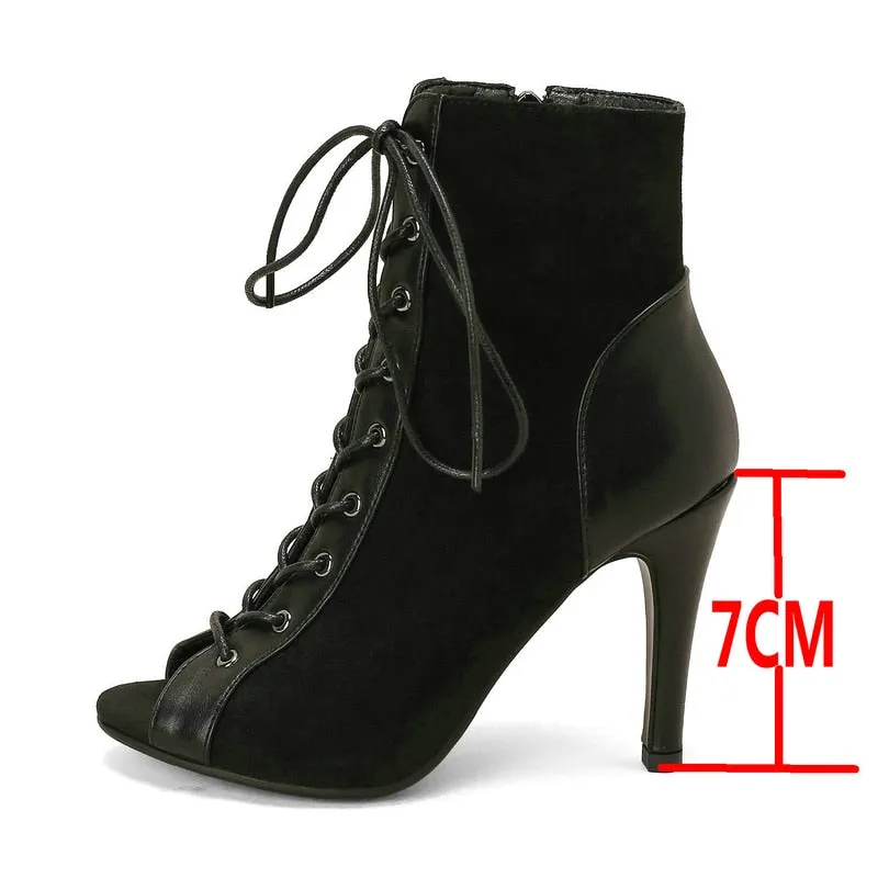 Women's Sexy Black Peep Toe Zipper Indoor Dancing High Heel Ankle Boots