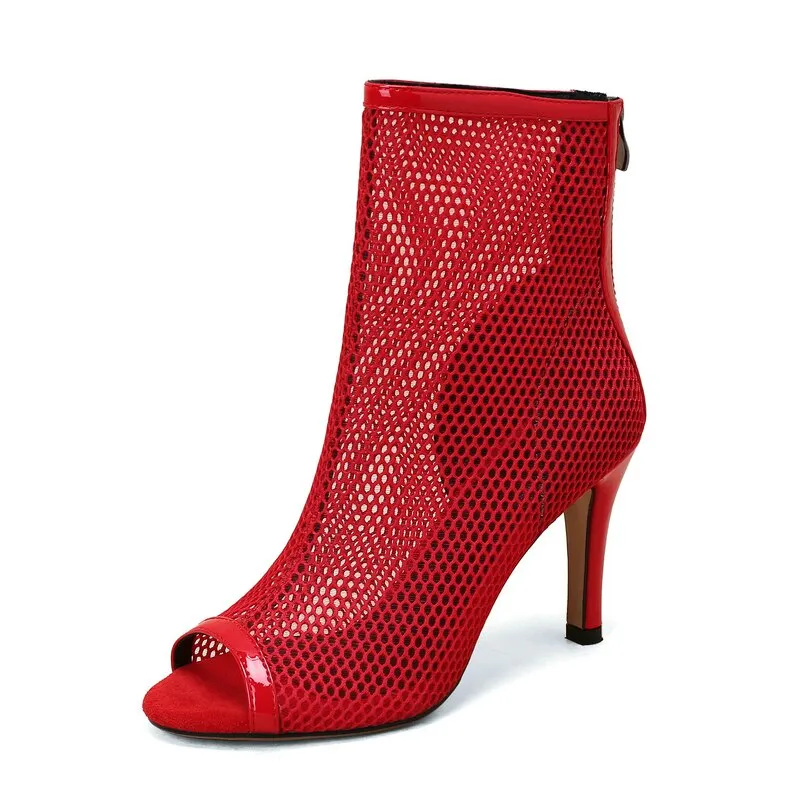 Women's Summer Sexy Zipper Air Mesh Peep Toe High Heel Ankle Boots