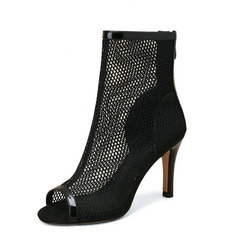 Women's Summer Sexy Zipper Air Mesh Peep Toe High Heel Ankle Boots